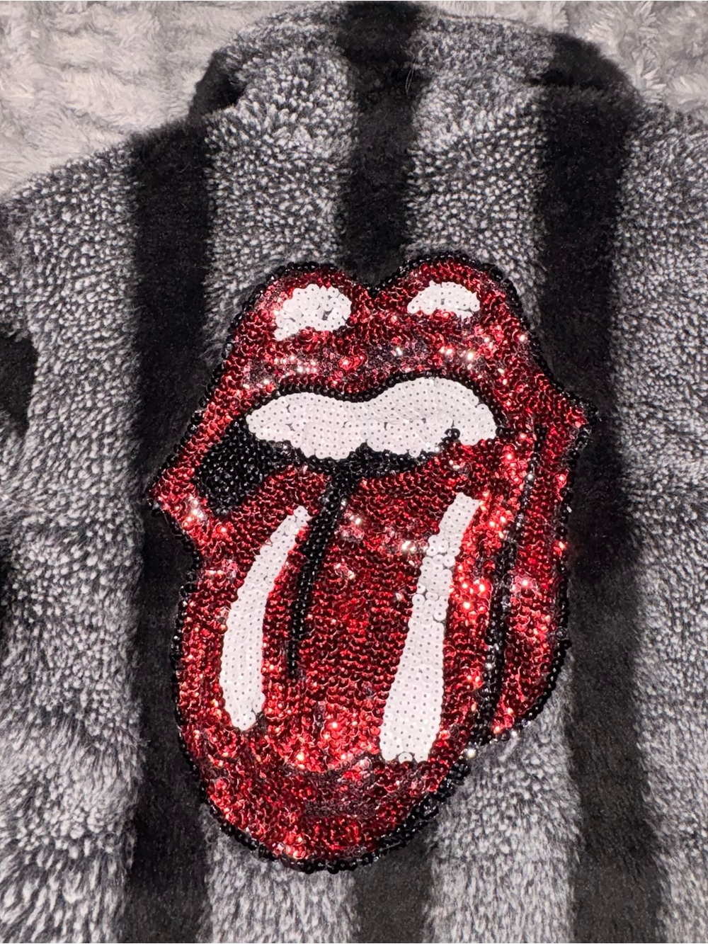 Rolling Stones Tongue Fur Jacket - Gray & Red